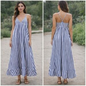 Antibes Blanc Linen Maxi Dress Sz 4 Blue White Striped Boho Coastal Nautical